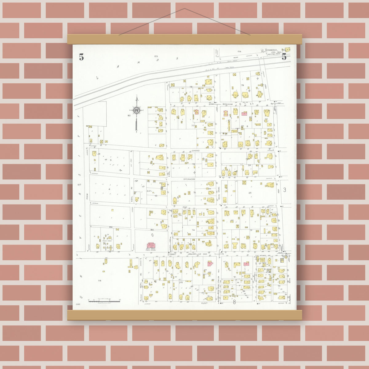 Old map wall art mockup — magnetic wood frame on brick wall — Sanborn Fire Insurance Map from Commerce, Hunt County, Texas (1933), Sheet #0005
