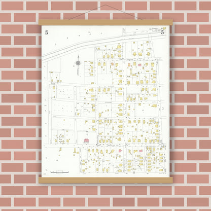 Old map wall art mockup — magnetic wood frame on brick wall — Sanborn Fire Insurance Map from Commerce, Hunt County, Texas (1933), Sheet #0005