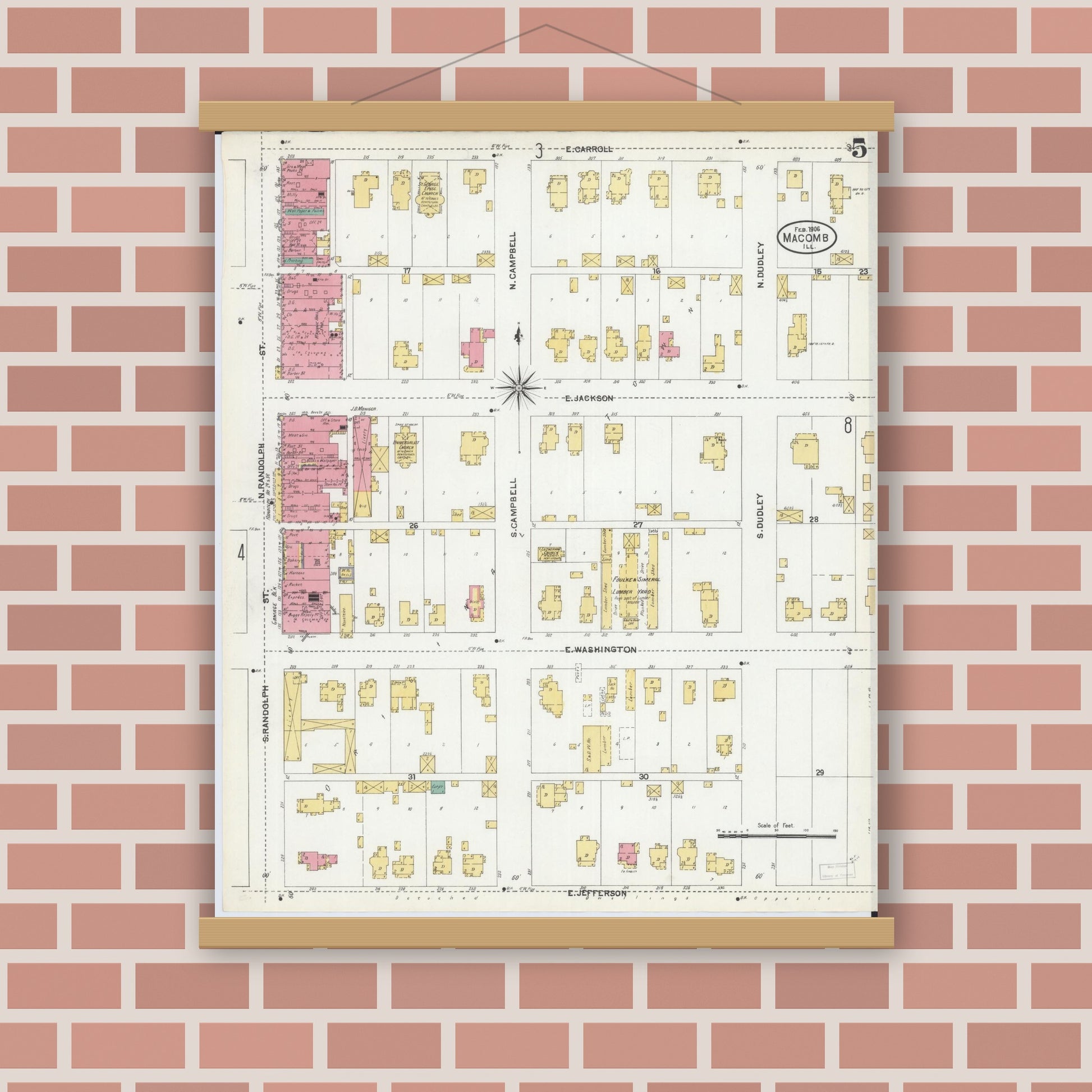 Old map wall art mockup — magnetic wood frame on brick wall — Sanborn Fire Insurance Map from Macomb, Mcdonough County, Illinois (1906), Sheet #0005