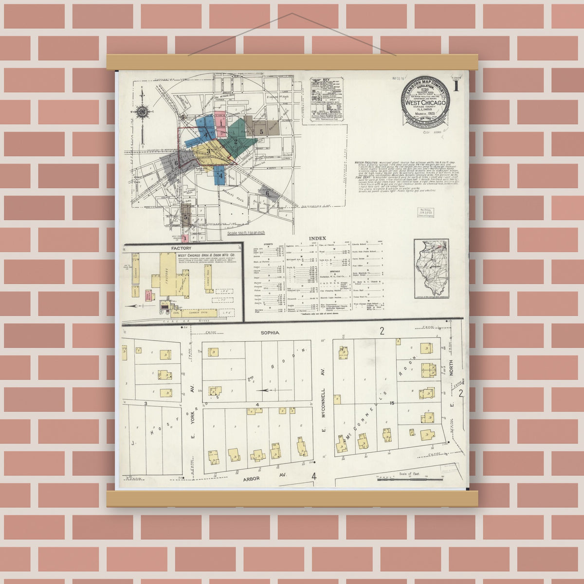 Old map wall art mockup — magnetic wood frame on brick wall — Sanborn Fire Insurance Map from West Chicago, Du Page County, Illinois (1923), Sheet #0001
