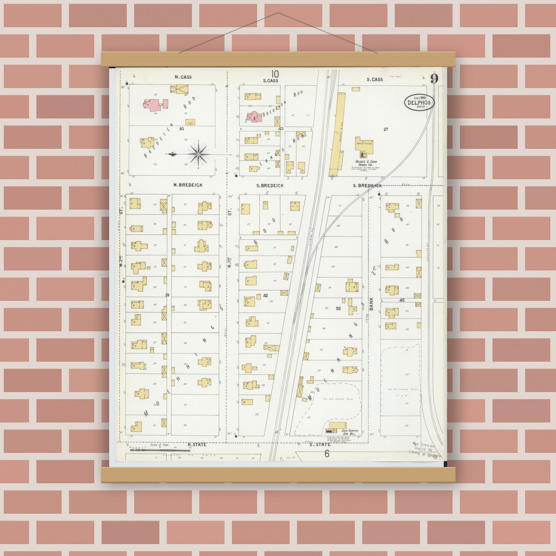 Old map wall art mockup — magnetic wood frame on brick wall — Sanborn Fire Insurance Map from Delphos, Van Wert And Allen Counties, Ohio (1899), Sheet #0009