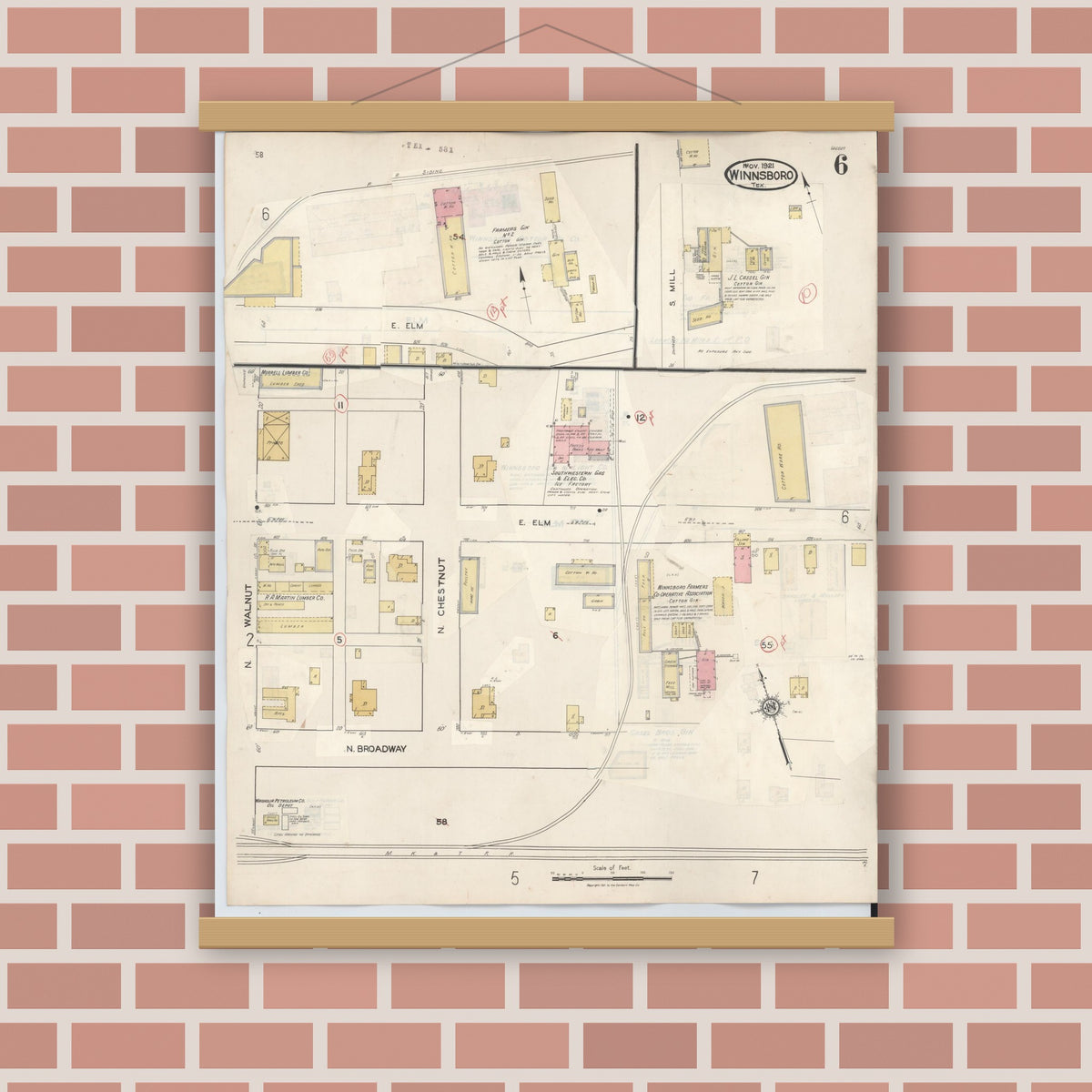 Old map wall art mockup — magnetic wood frame on brick wall — Sanborn Fire Insurance Map from Winnsboro, Wood County, Texas (1943), Sheet #0006
