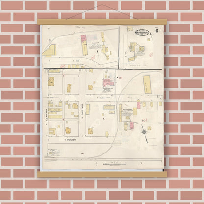 Old map wall art mockup — magnetic wood frame on brick wall — Sanborn Fire Insurance Map from Winnsboro, Wood County, Texas (1943), Sheet #0006