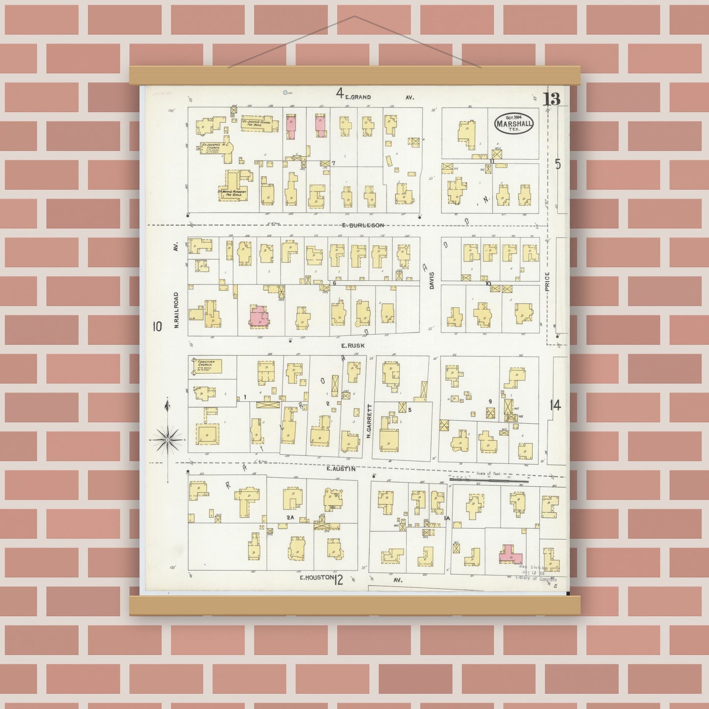Old map wall art mockup — magnetic wood frame on brick wall — Sanborn Fire Insurance Map from Marshall, Harrison County, Texas (1904), Sheet #0013