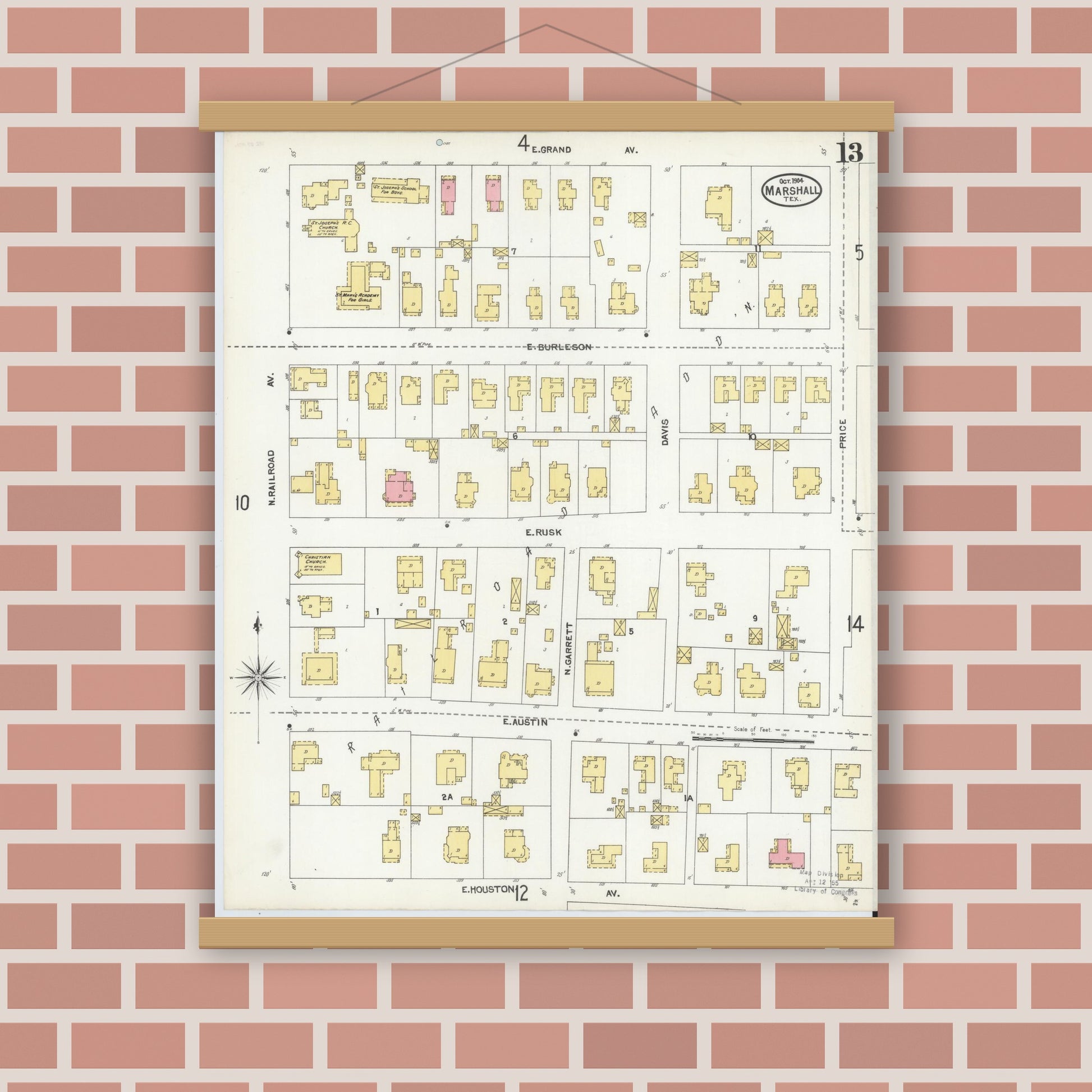 Old map wall art mockup — magnetic wood frame on brick wall — Sanborn Fire Insurance Map from Marshall, Harrison County, Texas (1904), Sheet #0013