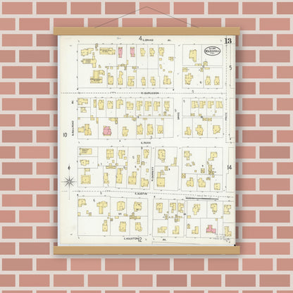 Old map wall art mockup — magnetic wood frame on brick wall — Sanborn Fire Insurance Map from Marshall, Harrison County, Texas (1904), Sheet #0013