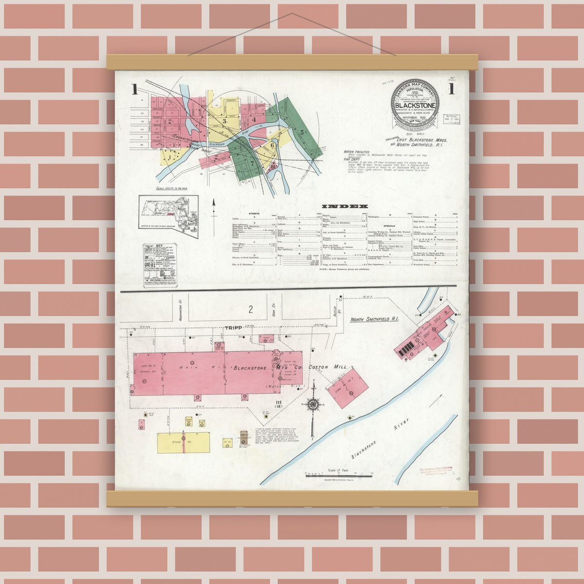 Old map wall art mockup — magnetic wood frame on brick wall — Sanborn Fire Insurance Map from Blackstone, Worcester County, Massachusetts (1923) - Complete Map Set