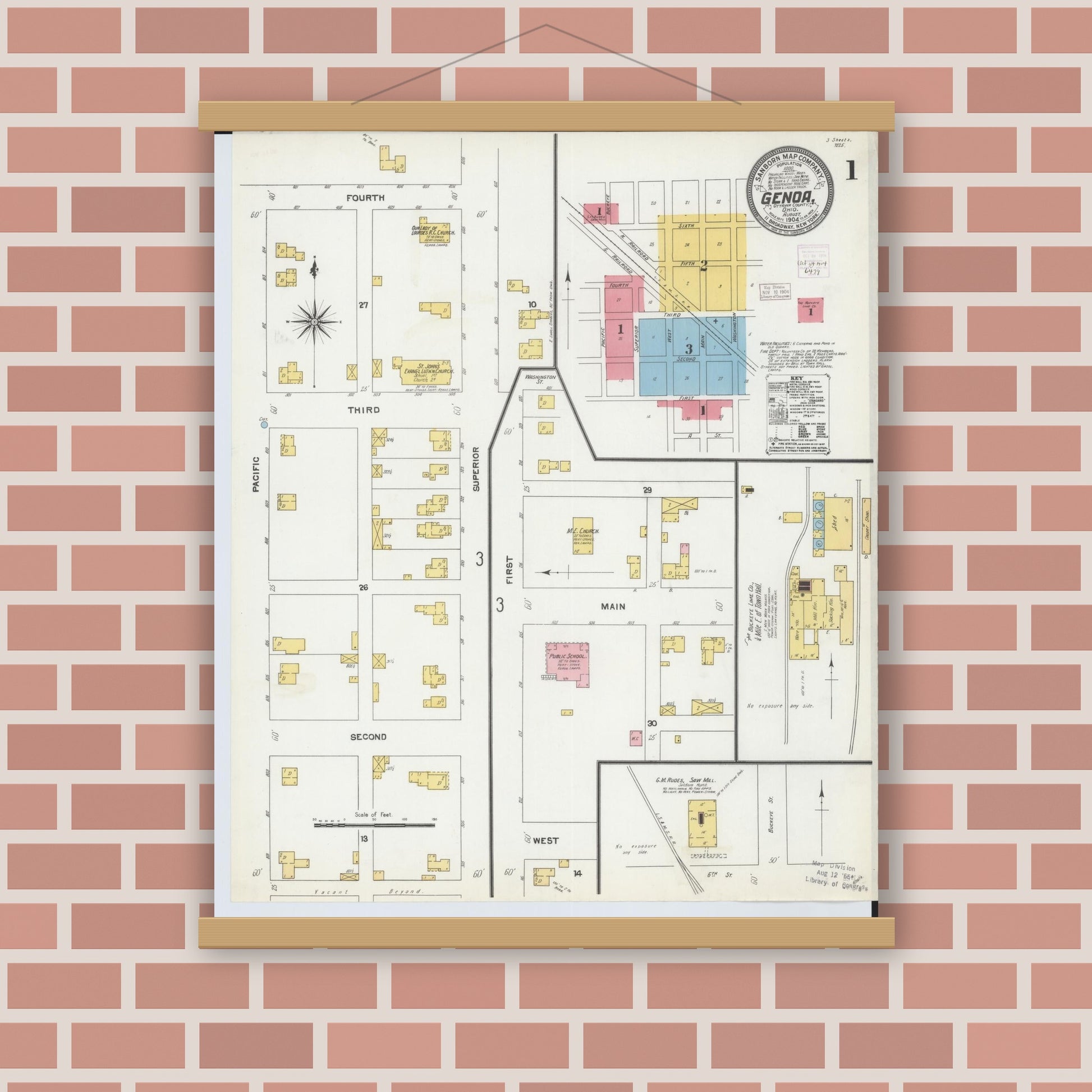 Old map wall art mockup — magnetic wood frame on brick wall — Sanborn Fire Insurance Map from Genoa, Ottawa County, Ohio (1904), Sheet #0001