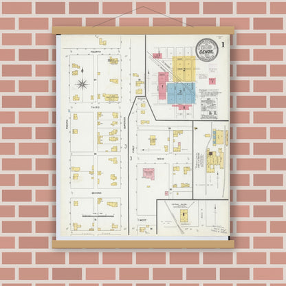 Old map wall art mockup — magnetic wood frame on brick wall — Sanborn Fire Insurance Map from Genoa, Ottawa County, Ohio (1904), Sheet #0001