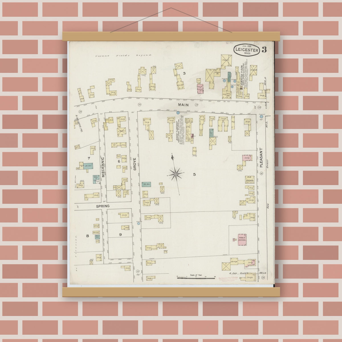 Old map wall art mockup — magnetic wood frame on brick wall — Sanborn Fire Insurance Map from Leicester, Worcester County, Massachusetts (1888), Sheet #0003