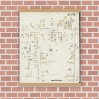 Old map wall art mockup — magnetic wood frame on brick wall — Sanborn Fire Insurance Map from Leicester, Worcester County, Massachusetts (1888), Sheet #0003