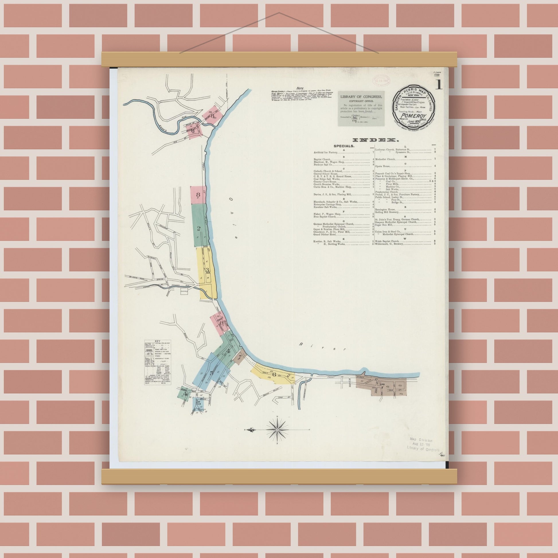 Old map wall art mockup — magnetic wood frame on brick wall — Sanborn Fire Insurance Map from Pomeroy, Meigs County, Ohio (1893), Sheet #0001