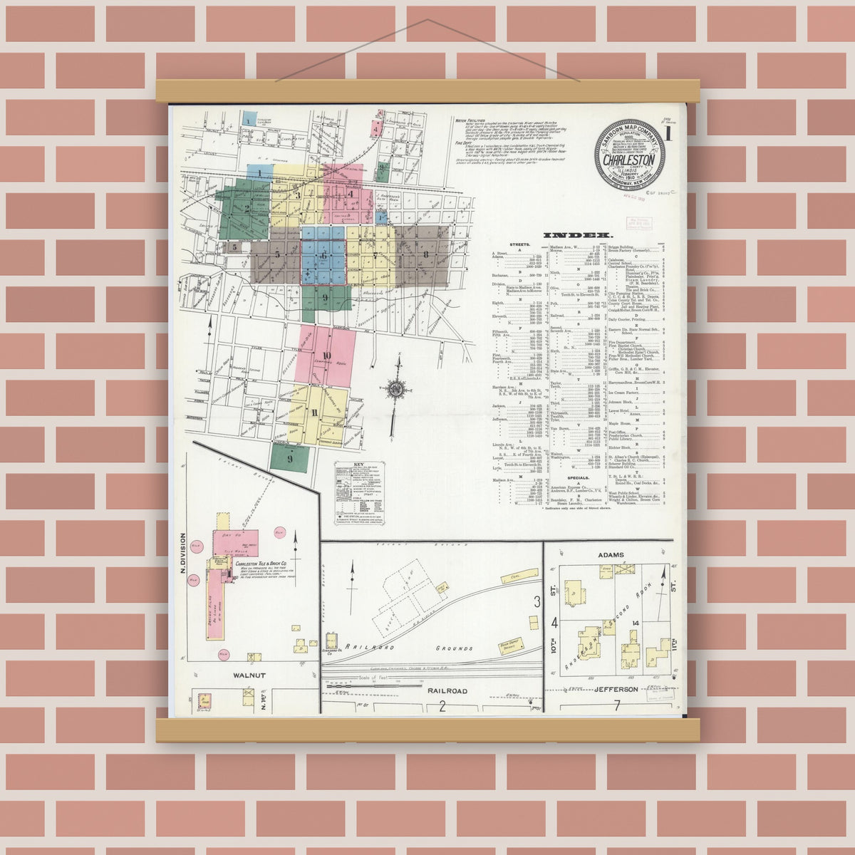 Old map wall art mockup — magnetic wood frame on brick wall — Sanborn Fire Insurance Map from Charleston, Coles County, Illinois (1910) - Complete Map Set