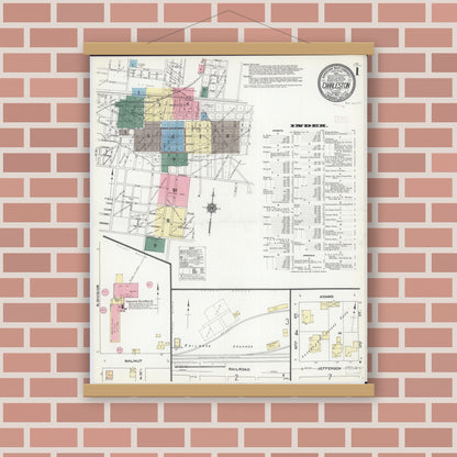 Old map wall art mockup — magnetic wood frame on brick wall — Sanborn Fire Insurance Map from Charleston, Coles County, Illinois (1910) - Complete Map Set