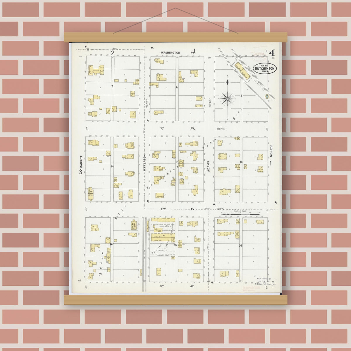 Old map wall art mockup — magnetic wood frame on brick wall — Sanborn Fire Insurance Map from Hutchinson, Mcleod County, Minnesota (1899), Sheet #0004