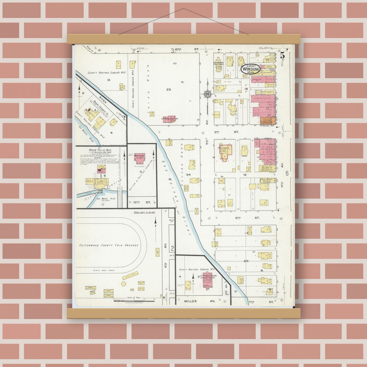 Old map wall art mockup — magnetic wood frame on brick wall — Sanborn Fire Insurance Map from Windom, Cottonwood County, Minnesota (1917), Sheet #0005