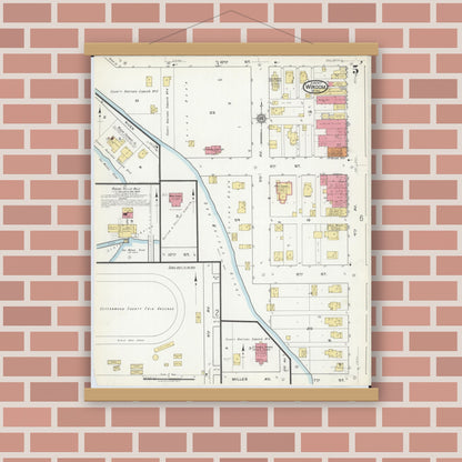 Old map wall art mockup — magnetic wood frame on brick wall — Sanborn Fire Insurance Map from Windom, Cottonwood County, Minnesota (1917), Sheet #0005