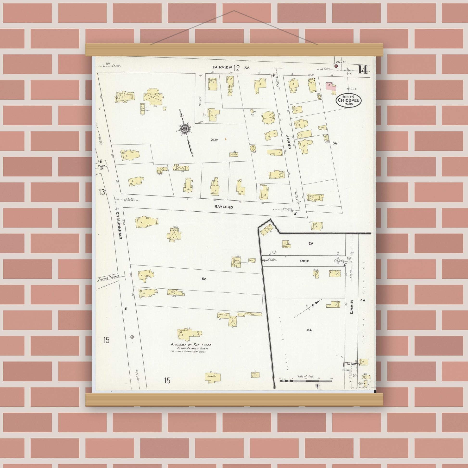 Old map wall art mockup — magnetic wood frame on brick wall — Sanborn Fire Insurance Map from Chicopee, Hampden County, Massachusetts (1910), Sheet #0014