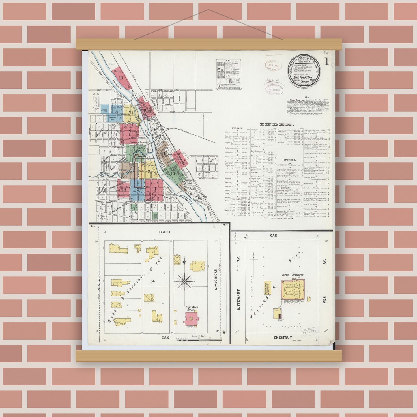 Old map wall art mockup — magnetic wood frame on brick wall — Sanborn Fire Insurance Map from Big Rapids, Mecosta County, Michigan (1899), Sheet #0001