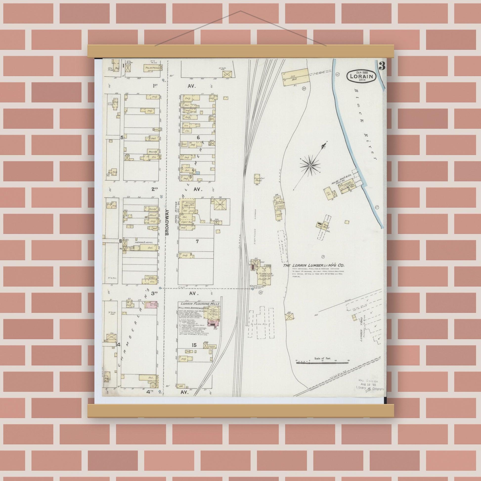 Old map wall art mockup — magnetic wood frame on brick wall — Sanborn Fire Insurance Map from Lorain, Lorain County, Ohio (1888), Sheet #0003
