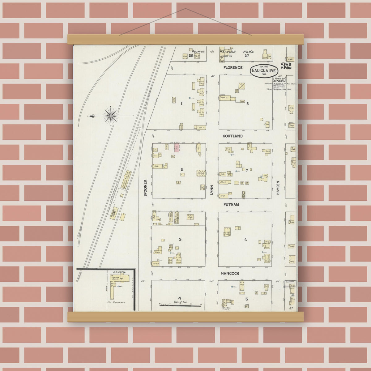 Old map wall art mockup — magnetic wood frame on brick wall — Sanborn Fire Insurance Map from Eau Claire, Eau Claire County, Wisconsin (1889), Sheet #0032