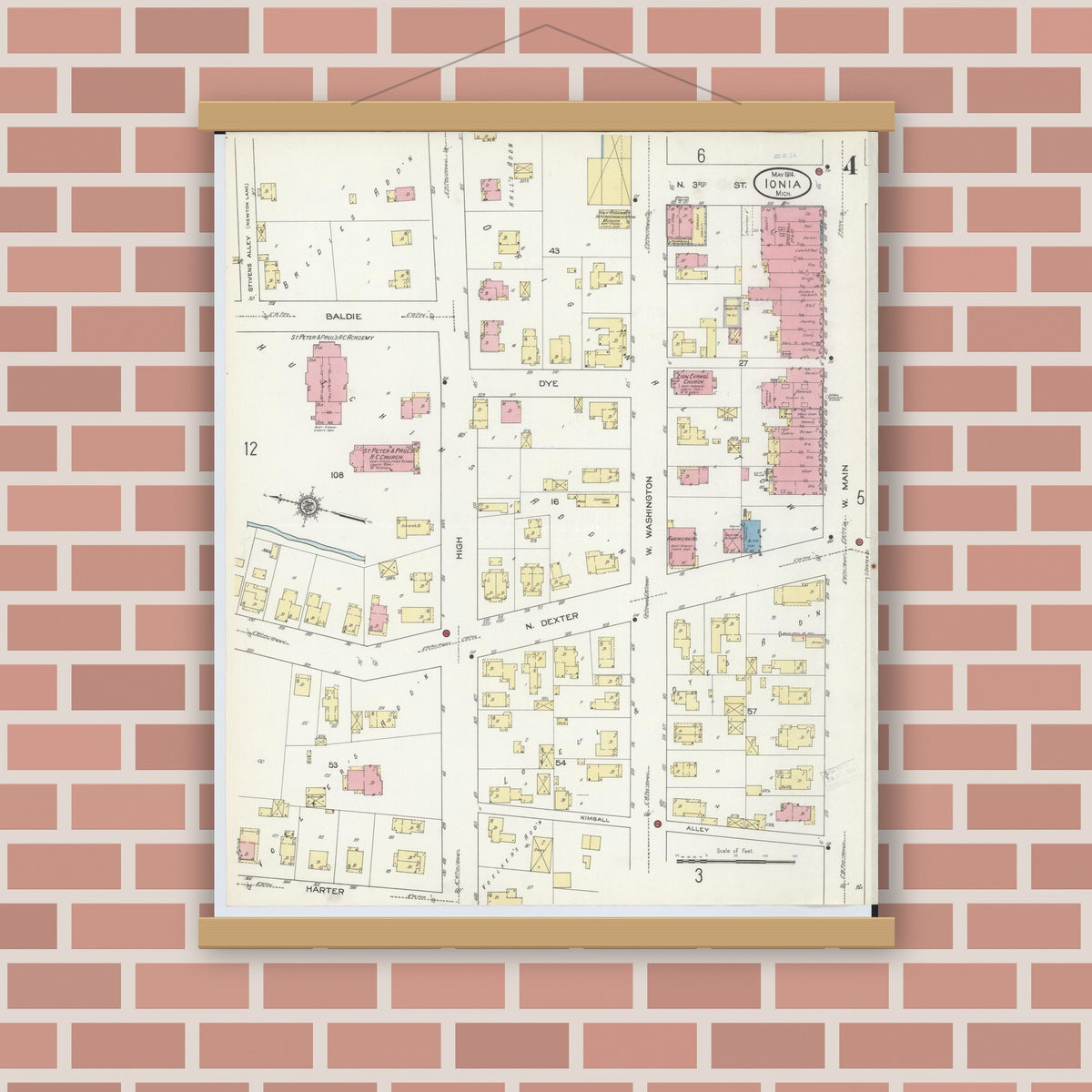 Old map wall art mockup — magnetic wood frame on brick wall — Sanborn Fire Insurance Map from Ionia, Ionia County, Michigan (1914), Sheet #0004