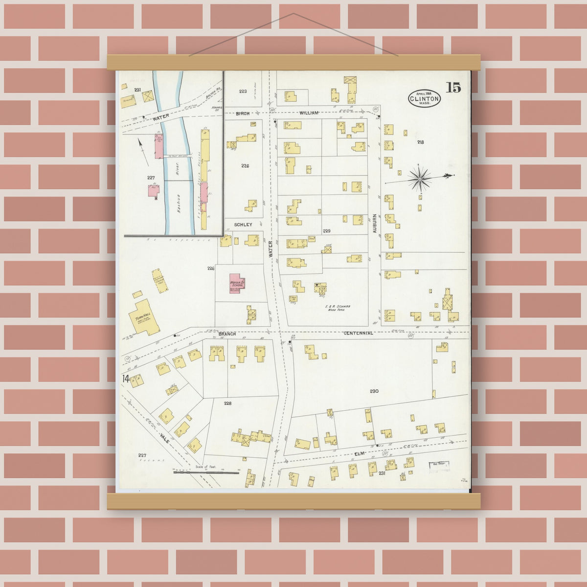Old map wall art mockup — magnetic wood frame on brick wall — Sanborn Fire Insurance Map from Clinton, Worcester County, Massachusetts (1904), Sheet #0015