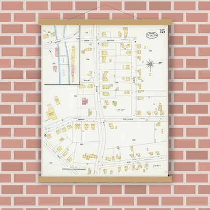 Old map wall art mockup — magnetic wood frame on brick wall — Sanborn Fire Insurance Map from Clinton, Worcester County, Massachusetts (1904), Sheet #0015