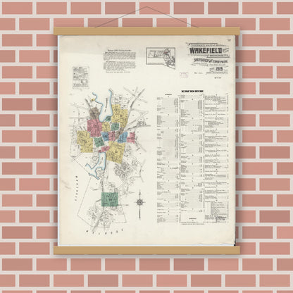 Old map wall art mockup — magnetic wood frame on brick wall — Sanborn Fire Insurance Map from Wakefield, Middlesex County, Massachusetts (1915), Sheet #0001