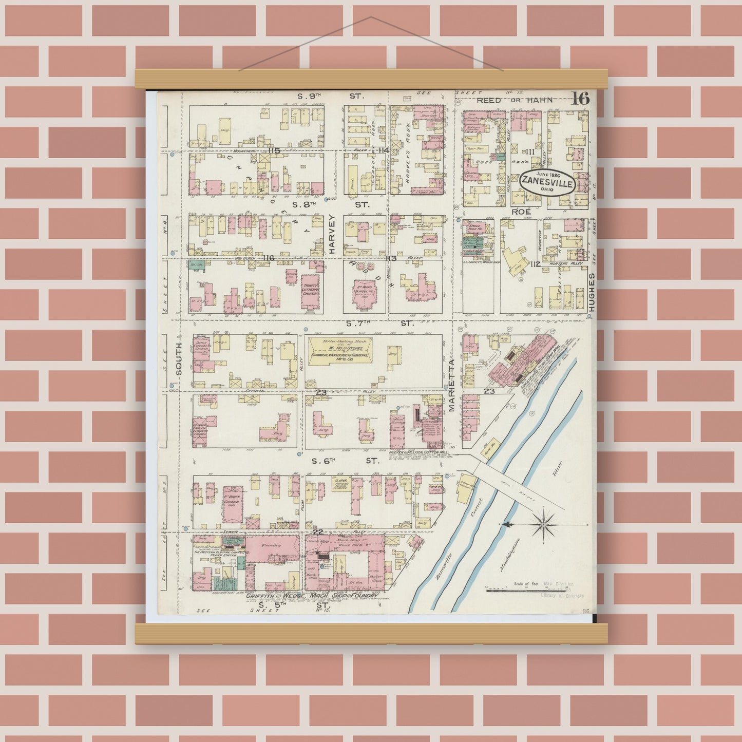 Old map wall art mockup — magnetic wood frame on brick wall — Sanborn Fire Insurance Map from Zanesville, Muskingum County, Ohio (1886), Sheet #0016