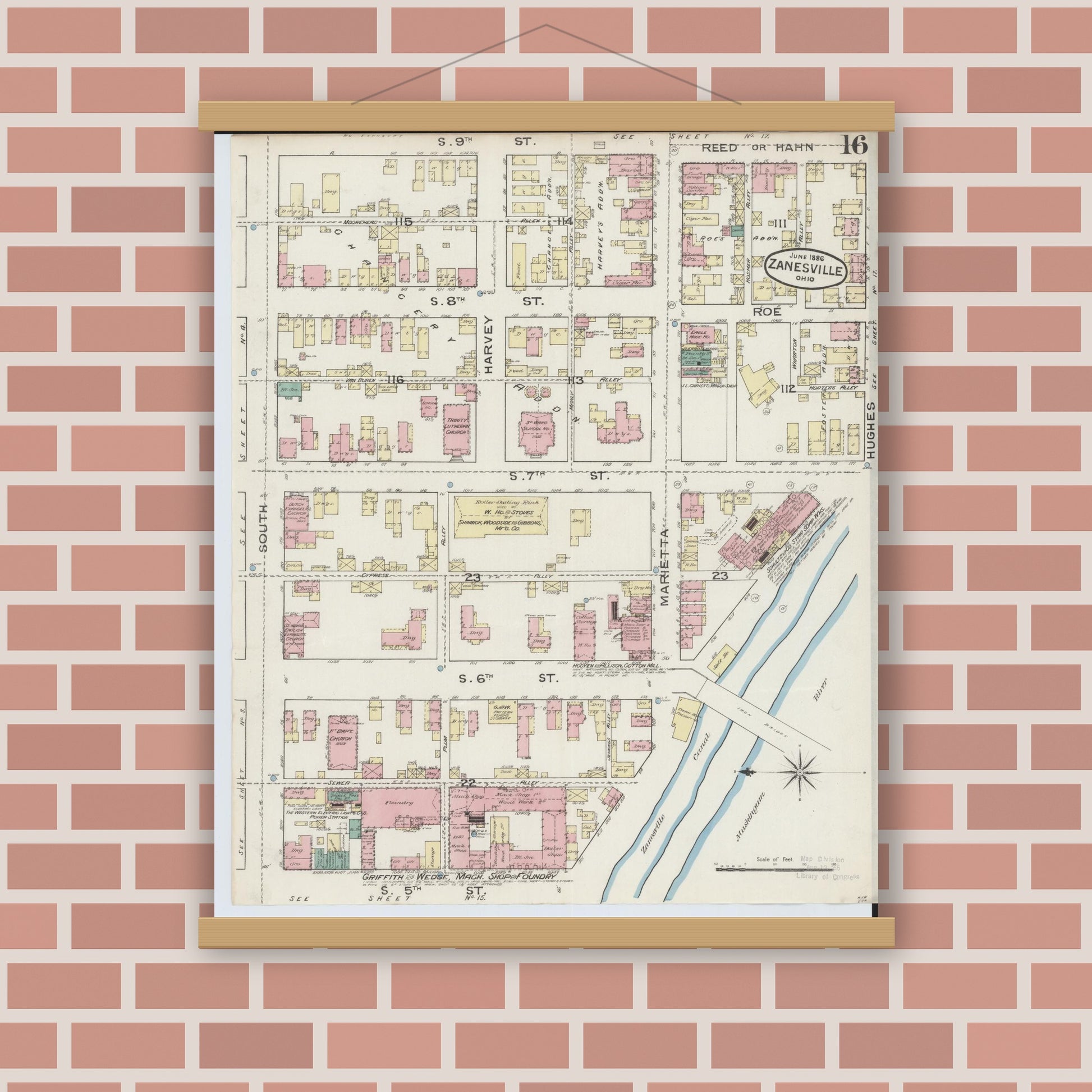 Old map wall art mockup — magnetic wood frame on brick wall — Sanborn Fire Insurance Map from Zanesville, Muskingum County, Ohio (1886), Sheet #0016
