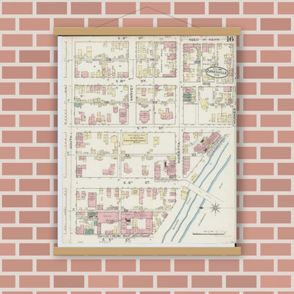 Old map wall art mockup — magnetic wood frame on brick wall — Sanborn Fire Insurance Map from Zanesville, Muskingum County, Ohio (1886), Sheet #0016