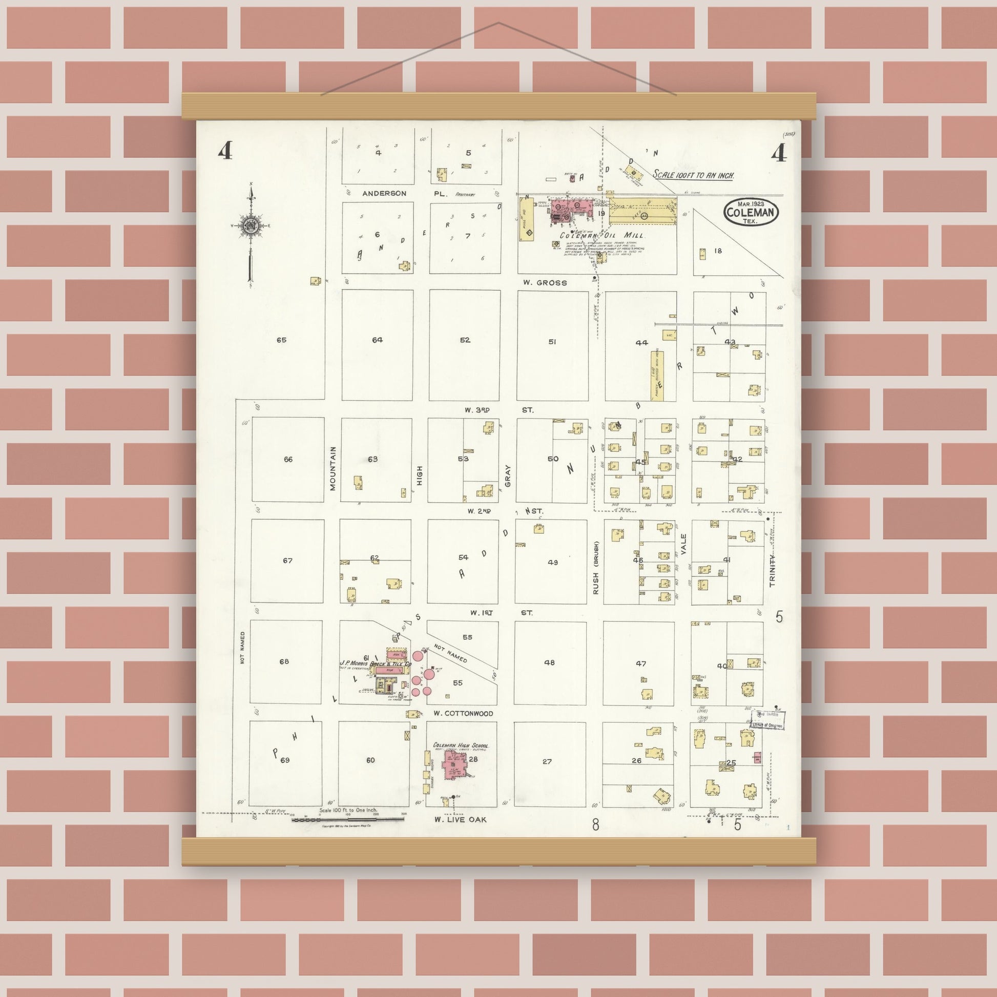 Old map wall art mockup — magnetic wood frame on brick wall — Sanborn Fire Insurance Map from Coleman, Coleman County, Texas (1923), Sheet #0004