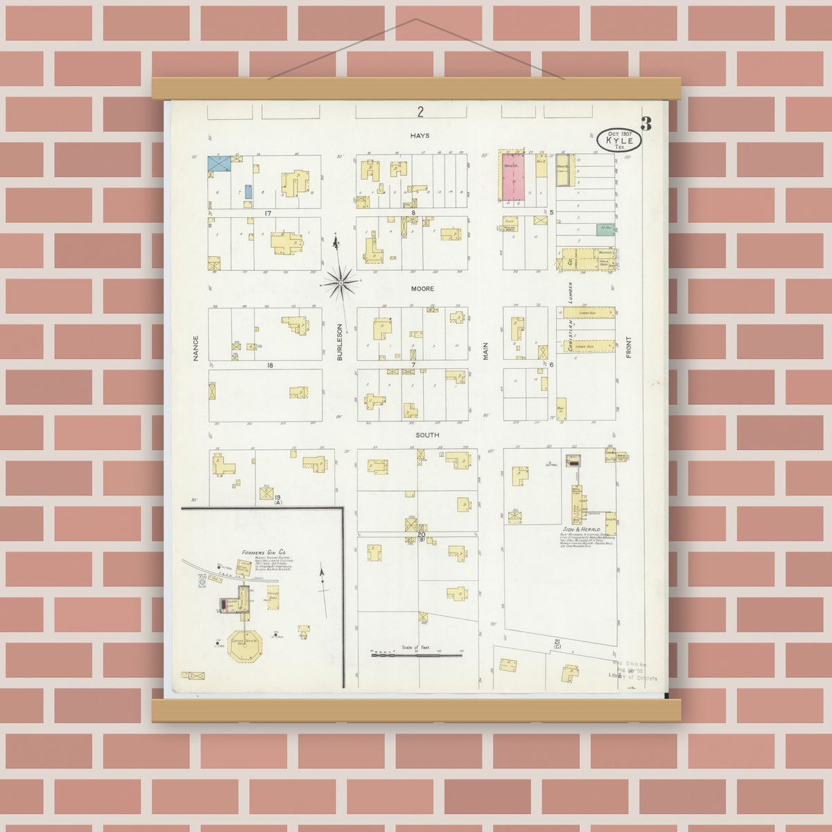 Old map wall art mockup — magnetic wood frame on brick wall — Sanborn Fire Insurance Map from Kyle, Hays County, Texas (1907), Sheet #0003