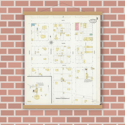Old map wall art mockup — magnetic wood frame on brick wall — Sanborn Fire Insurance Map from Kyle, Hays County, Texas (1907), Sheet #0003