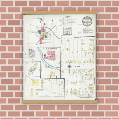 Old map wall art mockup — magnetic wood frame on brick wall — Sanborn Fire Insurance Map from Green Springs, Sandusky And Seneca Counties, Ohio (1921), Sheet #0001