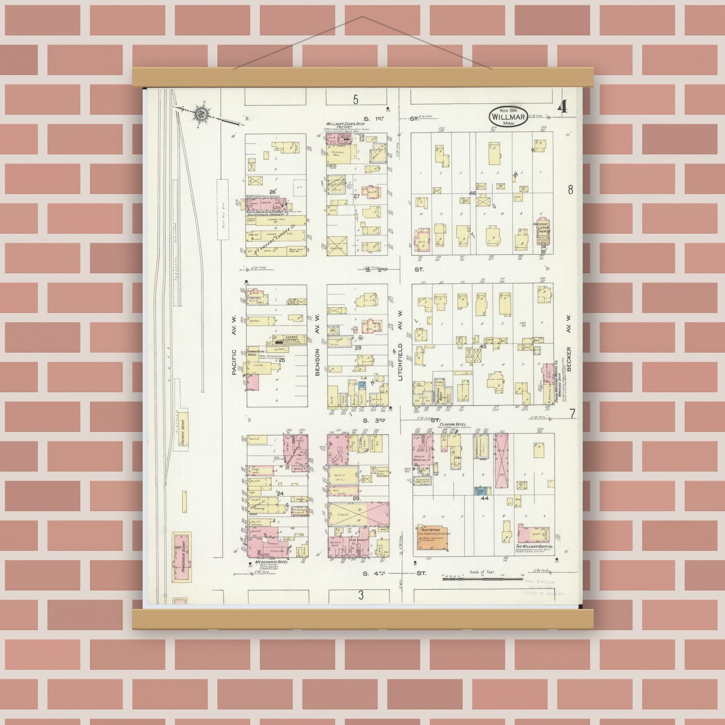 Old map wall art mockup — magnetic wood frame on brick wall — Sanborn Fire Insurance Map from Willmar, Kandiyohi County, Minnesota (1914), Sheet #0004