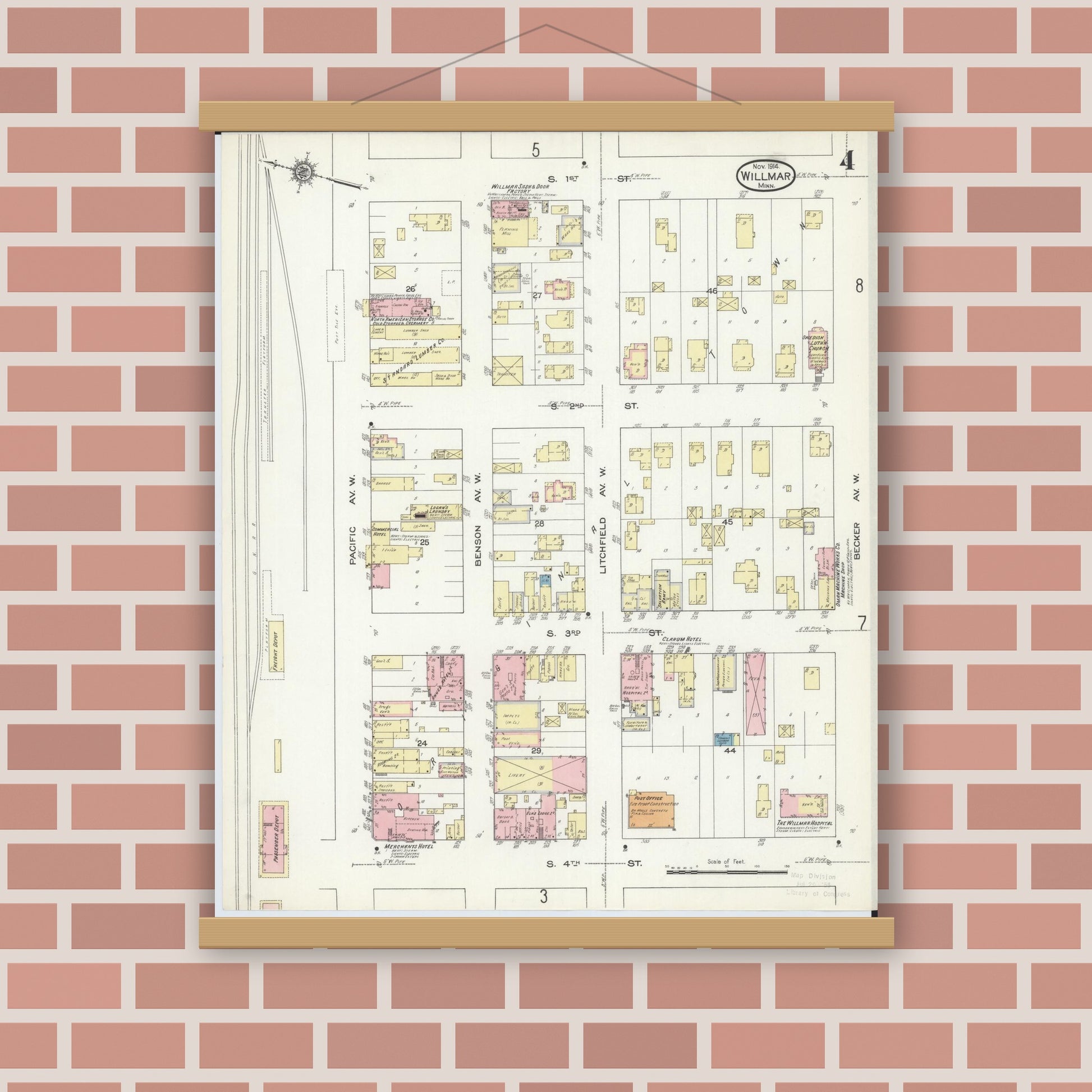 Old map wall art mockup — magnetic wood frame on brick wall — Sanborn Fire Insurance Map from Willmar, Kandiyohi County, Minnesota (1914), Sheet #0004