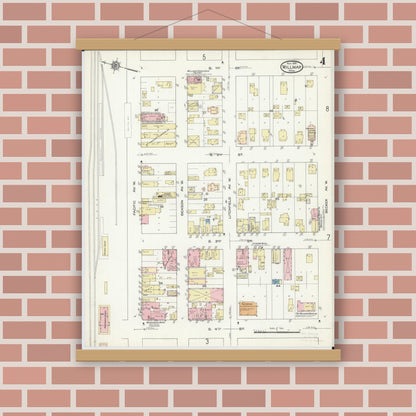 Old map wall art mockup — magnetic wood frame on brick wall — Sanborn Fire Insurance Map from Willmar, Kandiyohi County, Minnesota (1914), Sheet #0004