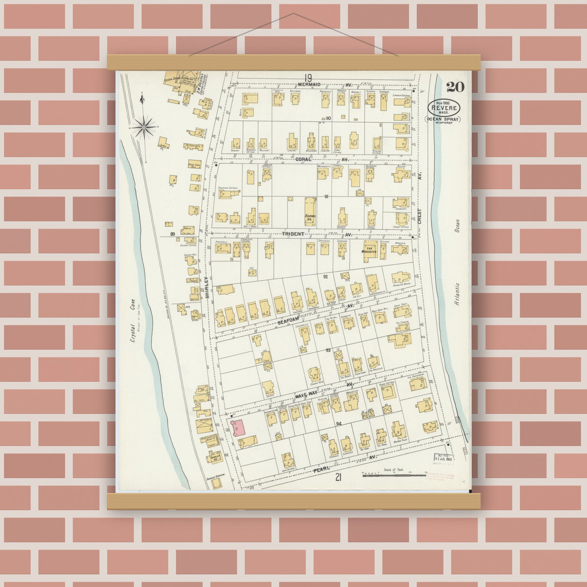 Old map wall art mockup — magnetic wood frame on brick wall — Sanborn Fire Insurance Map from Revere, Suffolk County, Massachusetts (1900), Sheet #0020