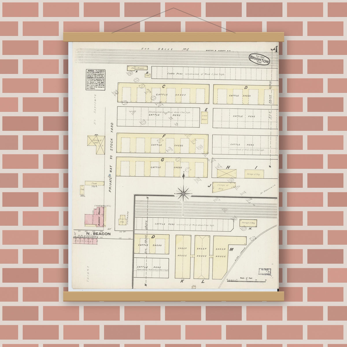 Old map wall art mockup — magnetic wood frame on brick wall — Sanborn Fire Insurance Map from Brighton, Suffolk County, Massachusetts (1884), Sheet #0004