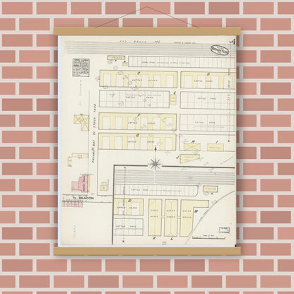 Old map wall art mockup — magnetic wood frame on brick wall — Sanborn Fire Insurance Map from Brighton, Suffolk County, Massachusetts (1884), Sheet #0004