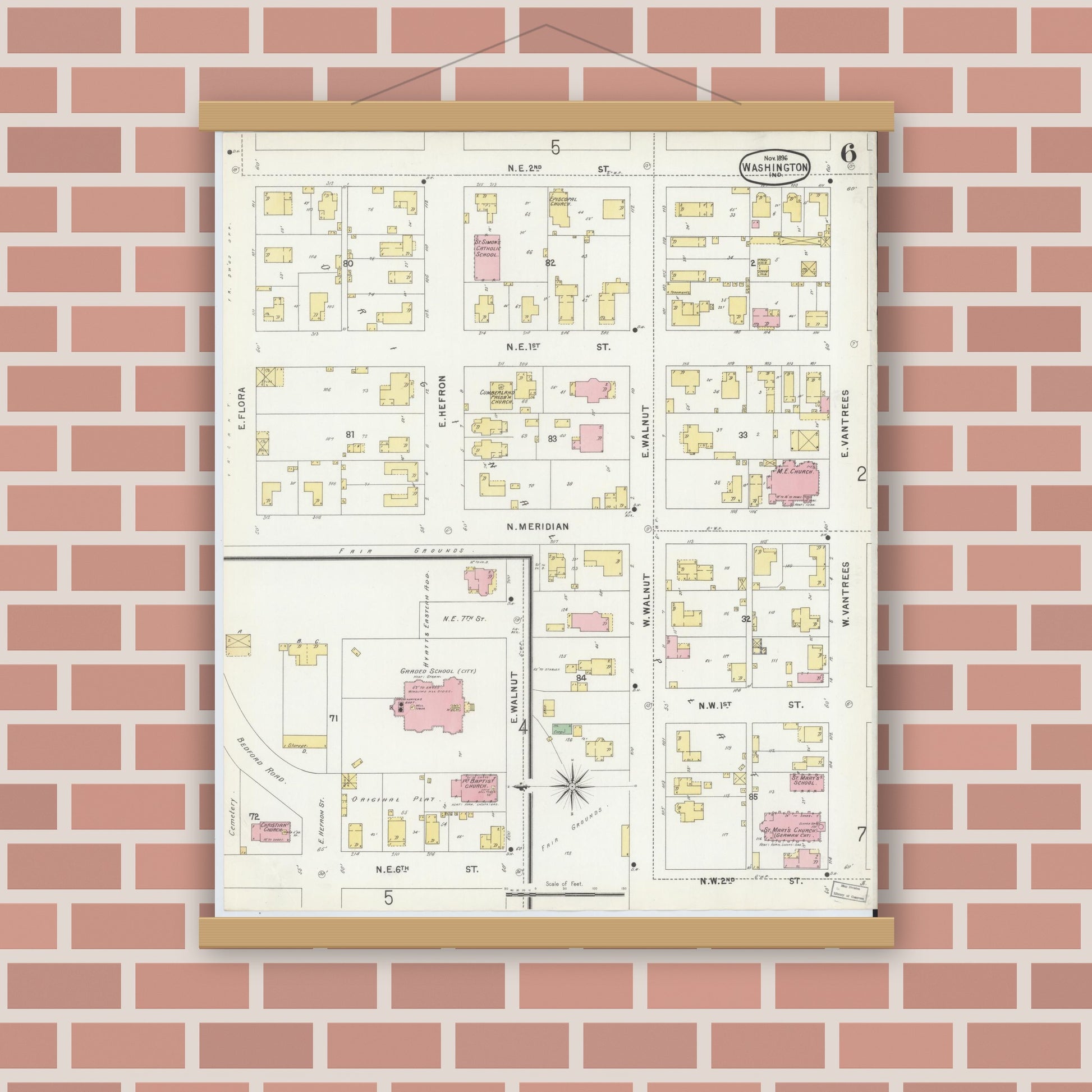 Old map wall art mockup — magnetic wood frame on brick wall — Sanborn Fire Insurance Map from Washington, Daviess County, Indiana (1896), Sheet #0006