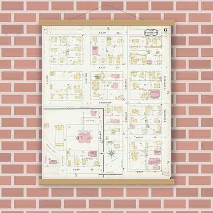 Old map wall art mockup — magnetic wood frame on brick wall — Sanborn Fire Insurance Map from Washington, Daviess County, Indiana (1896), Sheet #0006