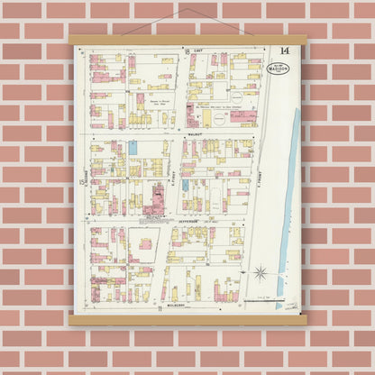 Old map wall art mockup — magnetic wood frame on brick wall — Sanborn Fire Insurance Map from Madison, Jefferson County, Indiana (1897), Sheet #0014