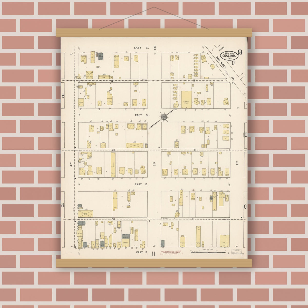 Old map wall art mockup — magnetic wood frame on brick wall — Sanborn Fire Insurance Map from Coalinga, Fresno County, California (1910), Sheet #0009