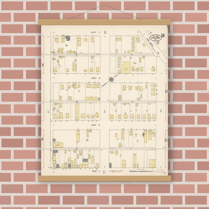 Old map wall art mockup — magnetic wood frame on brick wall — Sanborn Fire Insurance Map from Coalinga, Fresno County, California (1910), Sheet #0009