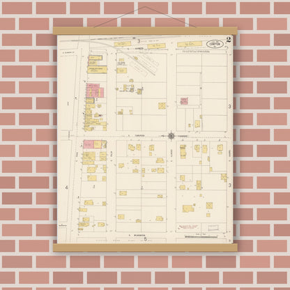 Old map wall art mockup — magnetic wood frame on brick wall — Sanborn Fire Insurance Map from Compton, Los Angeles County, California (1916), Sheet #0002