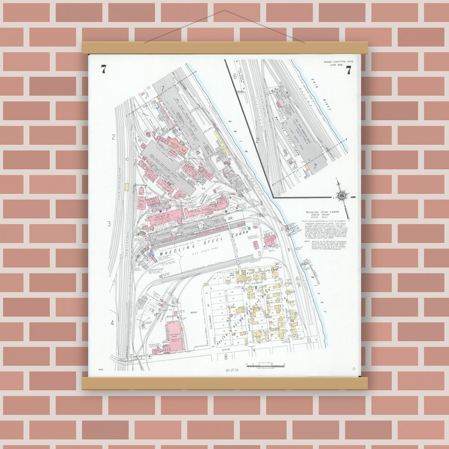 Old map wall art mockup — magnetic wood frame on brick wall — Sanborn Fire Insurance Map from Mingo Junction, Jefferson County, Ohio (1946), Sheet #0007