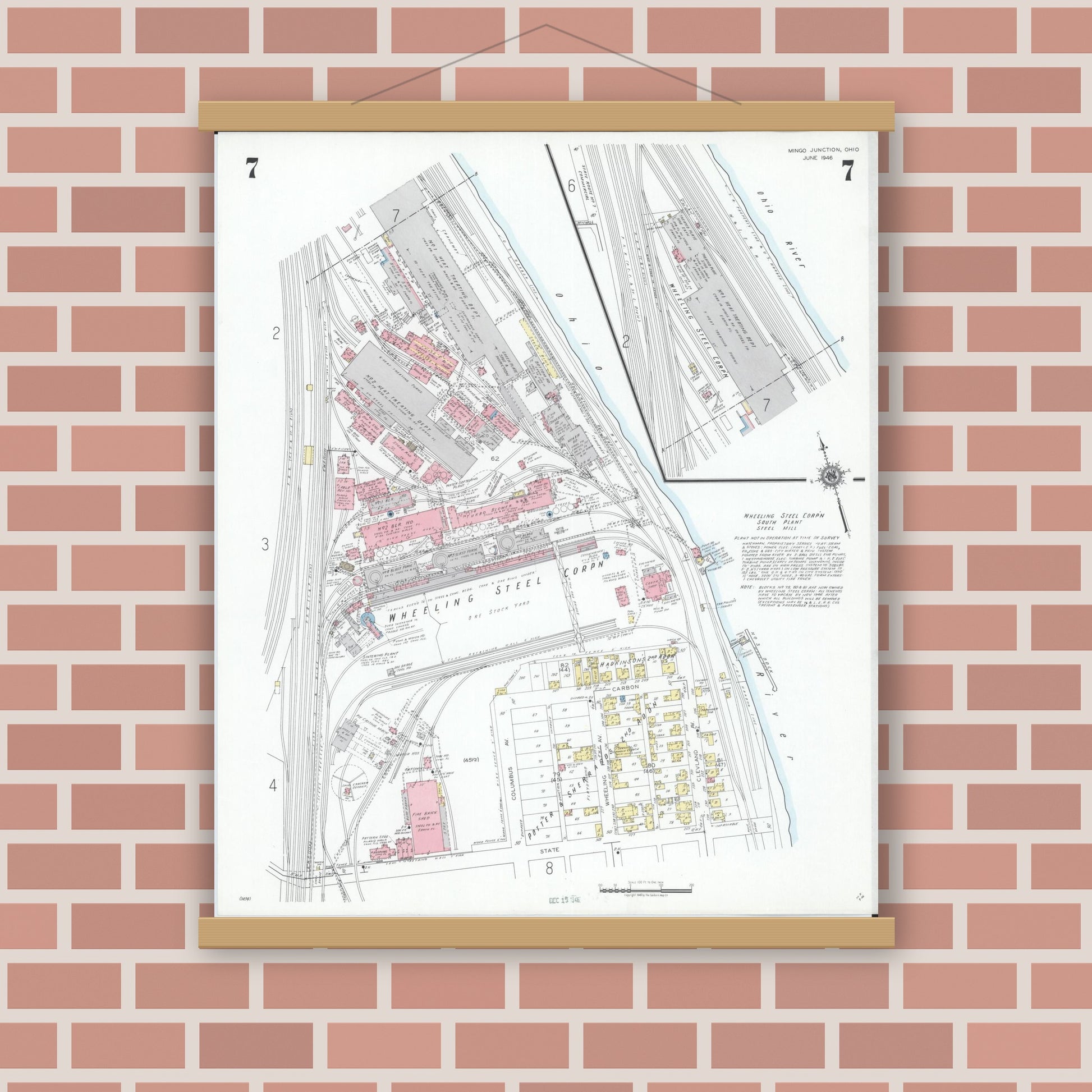 Old map wall art mockup — magnetic wood frame on brick wall — Sanborn Fire Insurance Map from Mingo Junction, Jefferson County, Ohio (1946), Sheet #0007